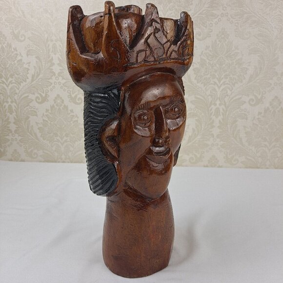 Vintage Hand Carved Wooden Sculpture Man King Wearing Crown Free Standing Heavy - Picture 8 of 11